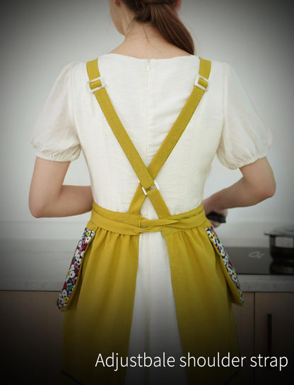 Pinknoke Kitchen Aprons for Women with Pockets Cute Floral Chef Pinafore Apron for Gardening Cooking Baking Painting (Mustard)