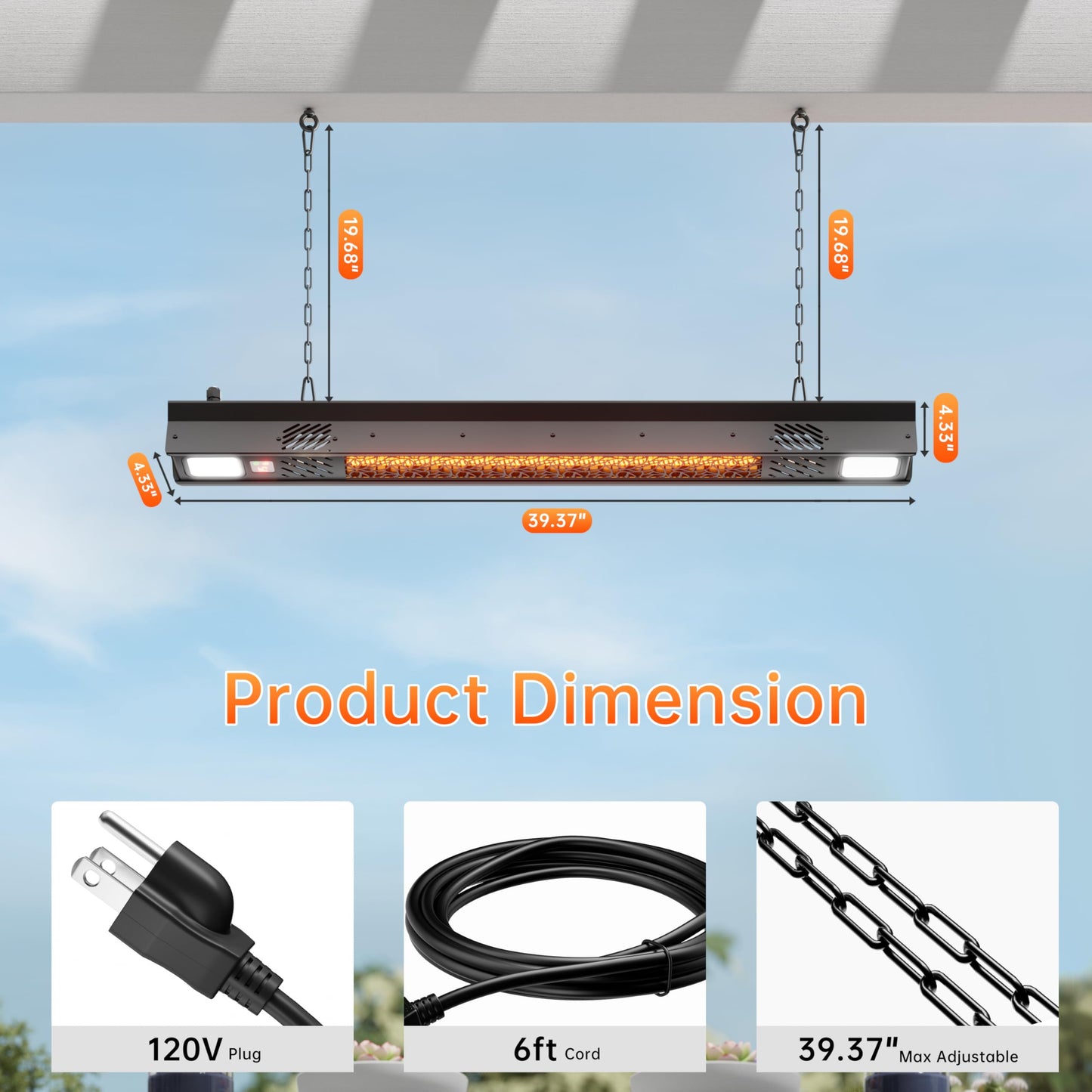 Wall-Mounted Electric Heater Hanging Patio with Light Ceiling Outdoor, 1500W Infrared 9 Heat Levels, 24H Timers, 1s Heating Carbon Fiber Tube Wall Heater for Backyard, Garage