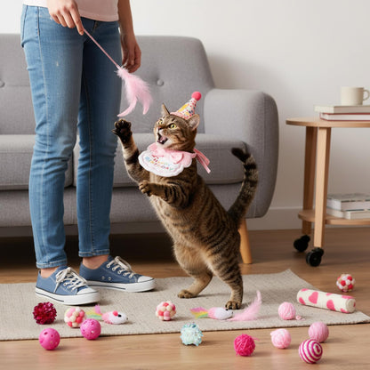 Zopeal Mother’s Day Cat Toy Set Interactive Cat Toys Pack Including Feather Teaser Wand Plush Gift Outfit Mice Crinkle Balls and Pet Bell Balls, Puzzle for Indoor Cats Gift Basket for Kitten(Pink)