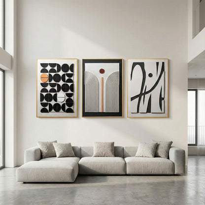 Large 3D Textured Framed Abstract Wall Art for Living Room, 3 Piece Modern Boho Artwork for Walls, Black White Orange Geometric Sandstone Texture Pictures for Hallway Office Home Decor 24x36 In