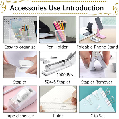 Office Supplies,Desk Accessories,Stapler and Tape Dispenser Set,1000 Staples,Staple Remover,Pen Holder,Folding Phone Holder,Journal Notebook,Ballpoint Pen,Scissor,Ruler,Clear Tape,Sticky Notes,Ect