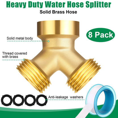 JaGely 8 Pack Garden Hose Splitter 2 Way Heavy Duty Brass Hose Spigot Adapter Y Valve Garden Hose Connector 3/4" Inch Thread Splitter Adapter with 16 Rubber Hose Washers