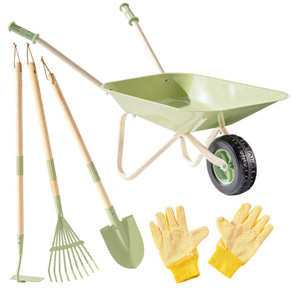 ROBOTIME Kids Wheelbarrow Set, 5PCS Kids Gardening Tool Set with Metal Toy Wheelbarrow, Shovel, Hoe, Broom & Gloves, Outdoor Yard Play for Planting, Sand, Leaves & Snow Fun, Gifts for Toddler 3+