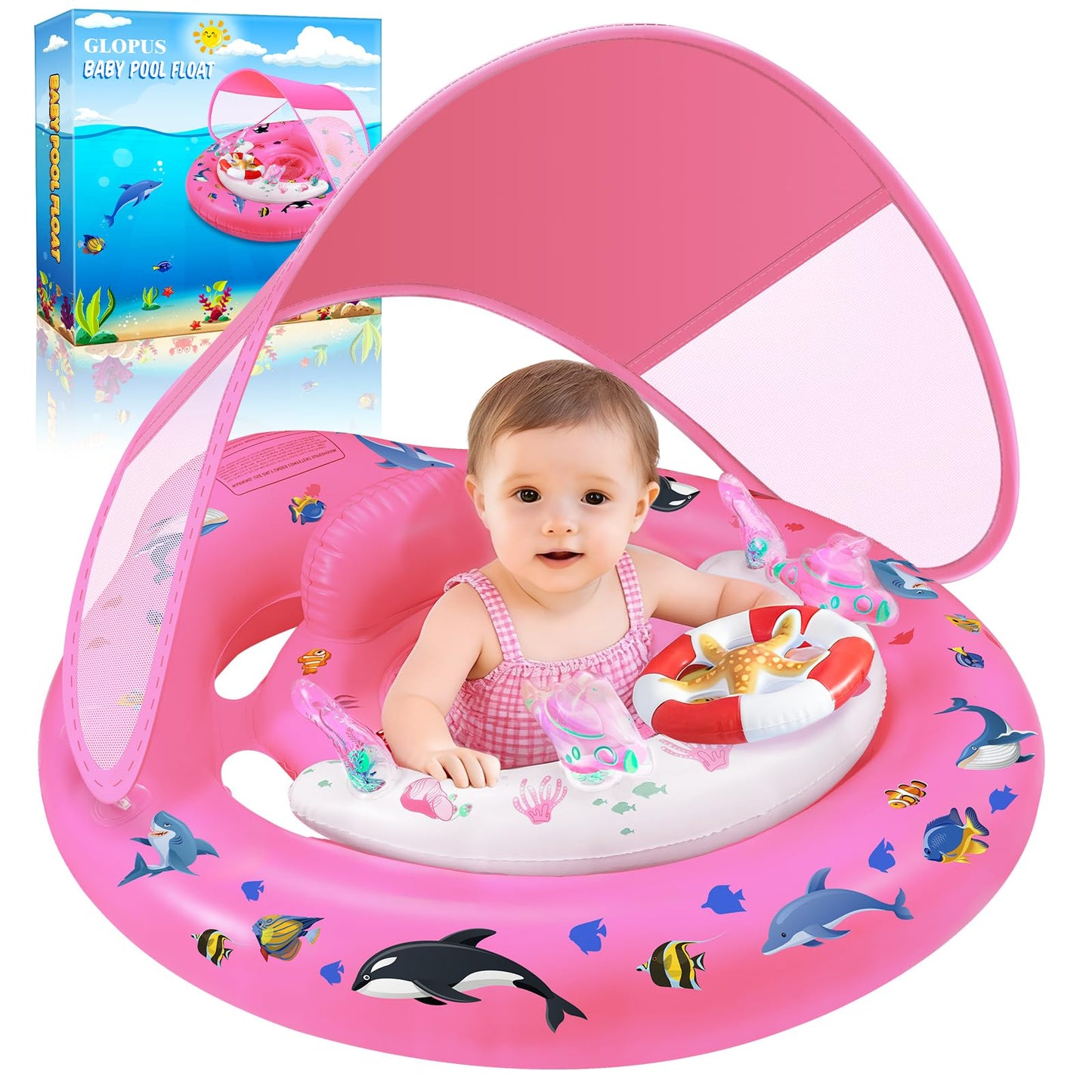 Baby Pool Float with Canopy UPF50+ Sun Protection, Inflatable Kids Pool Floats with Toy Play Console for Baby 6-36 Months, Infant Swimming Float with Adjustable Safety Seat for Boys Girls