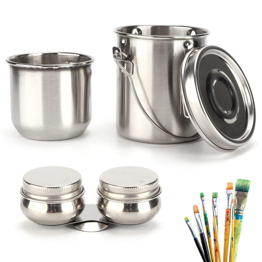 Stainless Steel Leak-Proof Paint Brush Washer with with Lid and Filter Screen, Portable Brush Cleaner for Painting Paint Brush Holder Paint Brush Cleaner Tool Metal Brush Washer for Oil Painting