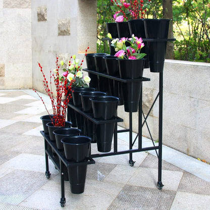 Zhongma Flower Display Stand with 16pcs Plastic Buckets for Fresh Flowers Heavy Duty Garden Cart Moving Flower Bucket Stand with Wheels