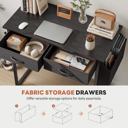 DUMOS 32" Home Office Computer Desk with Drawers, Small Gaming Writing Study Table with Storage Side Bag, Headphone Hook and Adjustable Feet for Bedroom Black