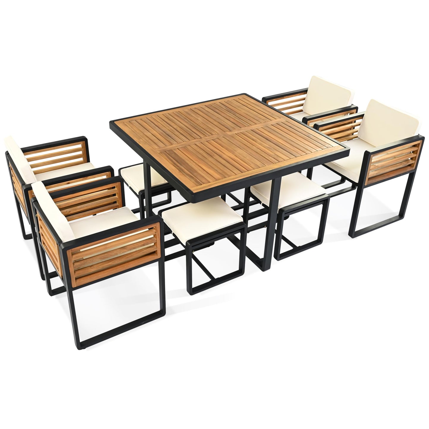 Merax 9 Pieces Outdoor Dining Set for 8 People, Acacia Wood Patio Furniture Sets with 1 Square Table, 4 Cushioned Chairs and 4 Ottomans for Backyard, Garden, Lawn, Poolside, Space Saving Design, Beige