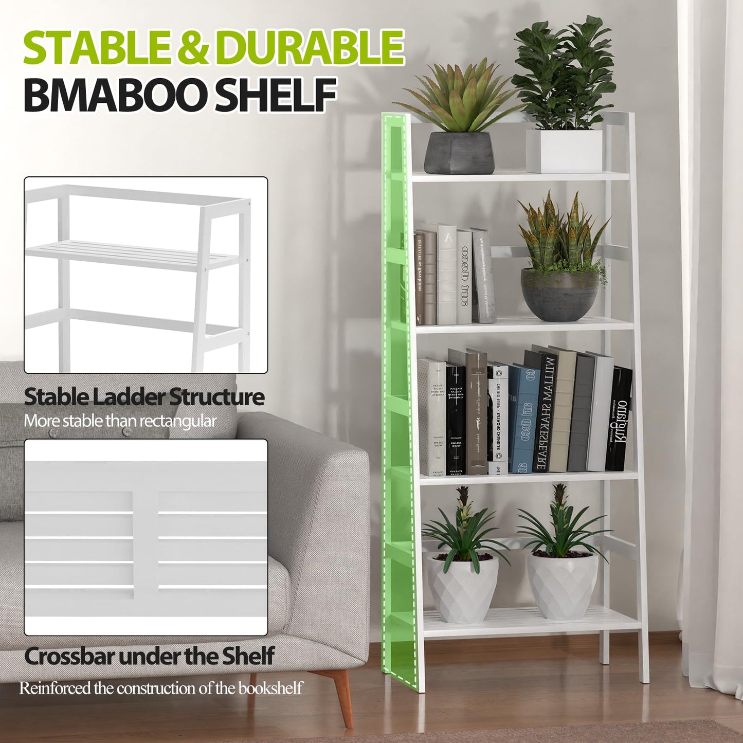 Thalomely Bamboo White Bookshelf, 4-Tier Ladder Shelf Freestanding Space Saver Open Bookcase Book Shelf, Bamboo Storage Shelving Unit Flower Plant Stand for Living Room, Bathroom, Home Office