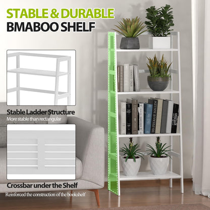 Thalomely Bamboo White Bookshelf, 4-Tier Ladder Shelf Freestanding Space Saver Open Bookcase Book Shelf, Bamboo Storage Shelving Unit Flower Plant Stand for Living Room, Bathroom, Home Office