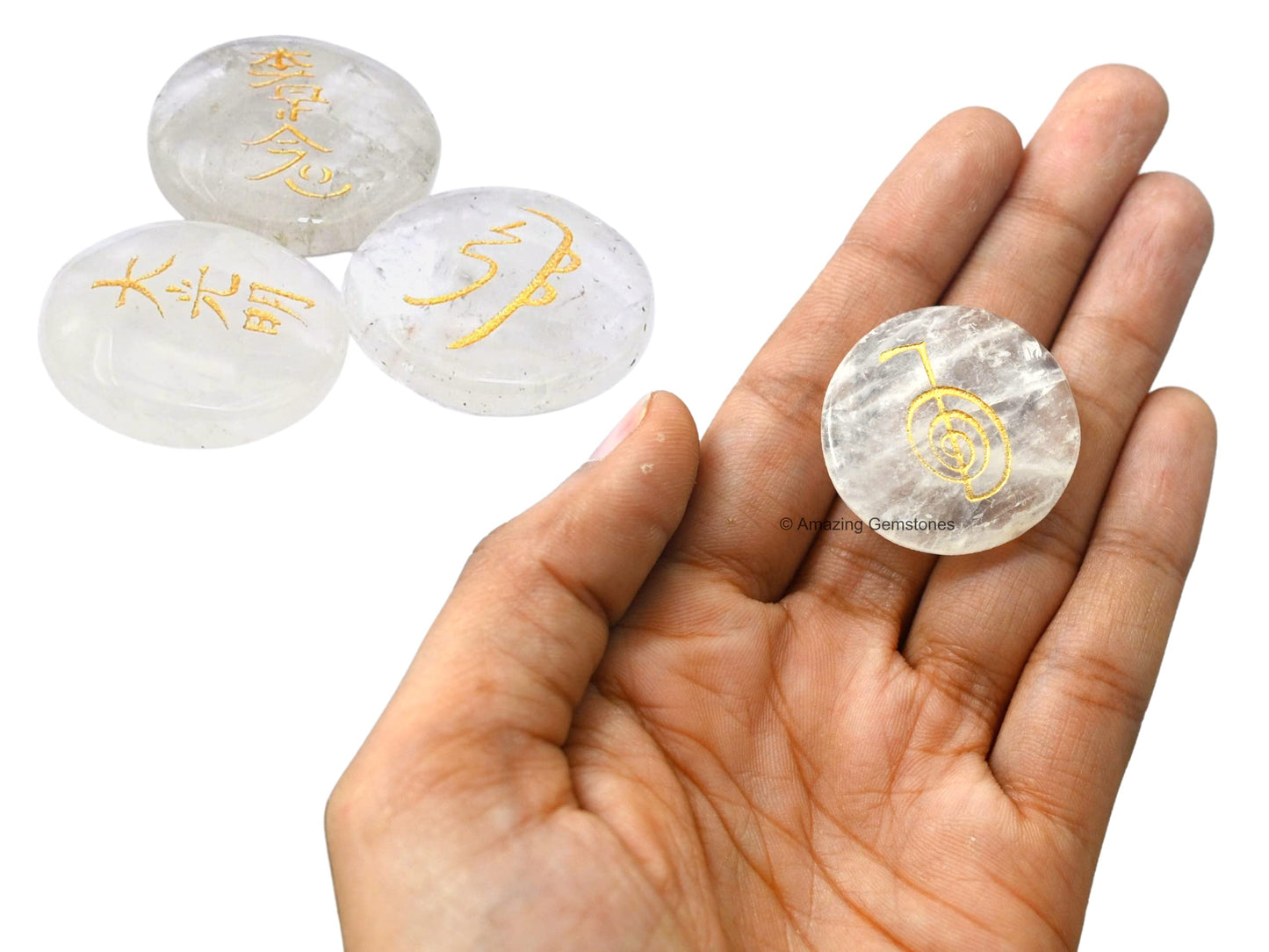 Amazing Gemstone Clear Quartz Crystal Reiki Stones with Engraved Symbols for Usui Reiki Healing, Set of 4 Pcs (Indian Handmade Reiki Gift Set)