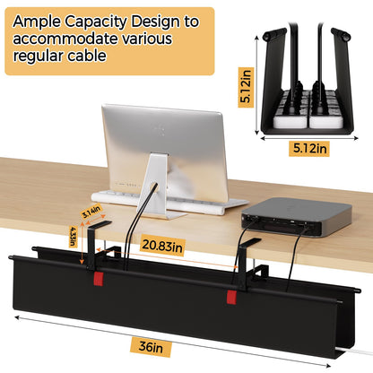 Under Desk Cable Management Tray - 36" Cord Organizer for Desk No Drill, Fabric Under Table Wire Organizer with 16X Cable Ties Hide for Office/Home, Cord Hider Fits Adapters & Sockets, Black