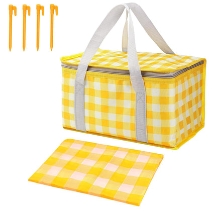 Insulated Picnic Bag with Leakproof Liner Foldable Reusable Cooler Basket Includes Disposable Picnic Mat Sturdy Handle Ideal for Outdoor Activities Travel Beach Camping (Yellow)