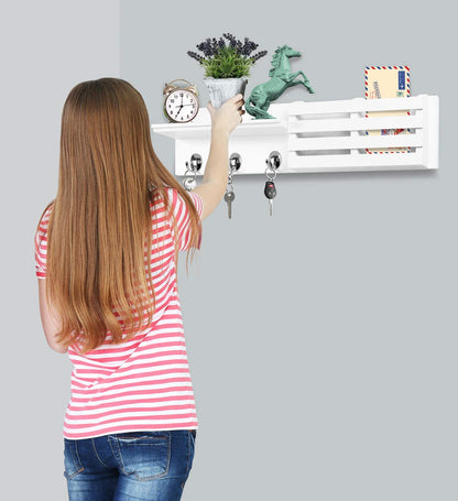 Greenco Entryway Wall Mounted Floating Shelf Letter Holder with Hooks, Hat and Coat Wooden Hanging Storage Shelf, 24” – White