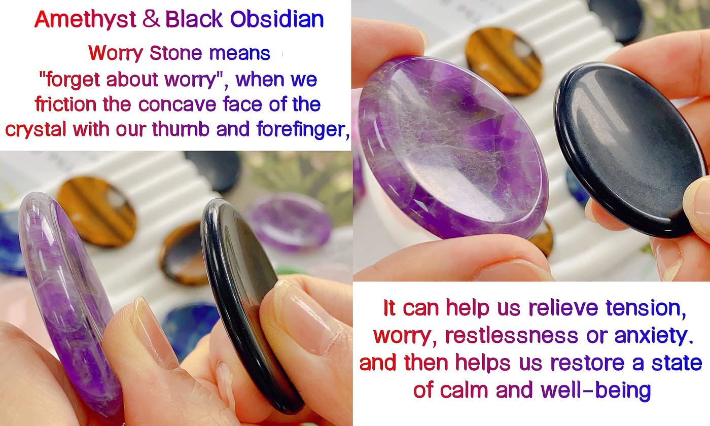 QINJIEJIE 2PCS Thumb Worry Stone for Anxiety Healing Crystals Amethyst Black Obsidian Hand Carved Oval Palm Pocket Stones Meditation Crystal Reiki Relax Stone Anxiety Relief Items Gifts for Women