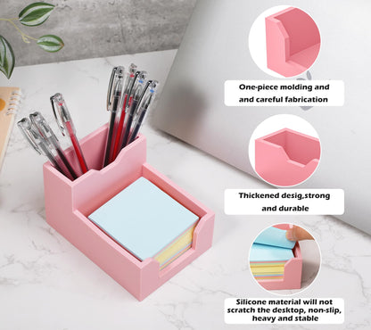 Pink Sticky Note Holder, Silicone Memo Holder with Pen or Card Slots, Sticky Note Dispenser, Fits 3x3 Inches Sticky Notes, Post It Note Dispenser for Office Desk Accessories
