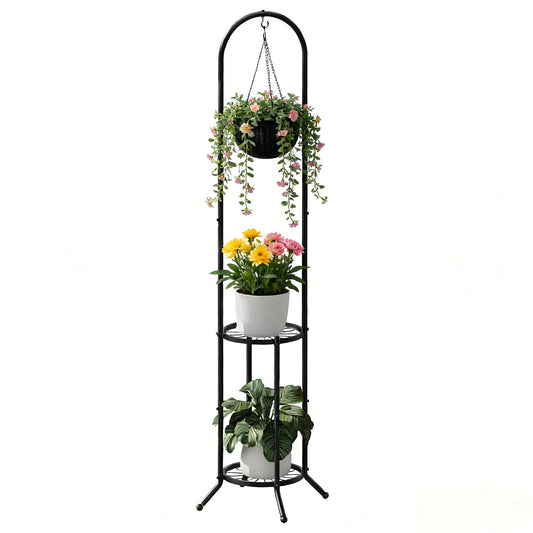 2-tier Hanging Plant Stand Plant Hanger Indoor Outdoor Corner Plant Stands for Indoor Plants, Space-Saving Iron Planter Shelves, Multiple Flower Pot Display Holder Shelf with Hanging Hook, Indoor Outdoor Heavy Duty Planter Shelving Unit (n-style,Black)