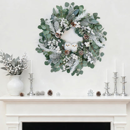 Winter Wreath for Front Door, 24 Inch Christmas Wreath with Owl Decor, Pine Cones, and Evergreen Greenery, Festive Winter Door Decor, Artificial Holiday Farmhouse Rustic Wreath