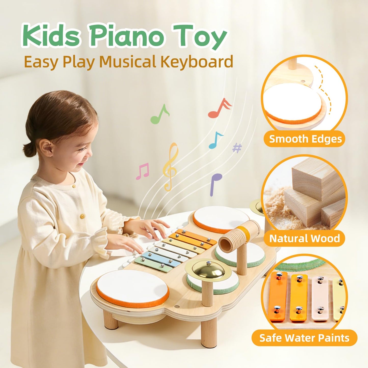 Toddler Drum Set - Montessori Toys for 2 Year Old, Wooden Baby Musical Instruments for Toddlers 2-5, Preschool Learning Musical Toys with Xylophone, Piano, Birthday Gifts for 18 Months Boys Girls