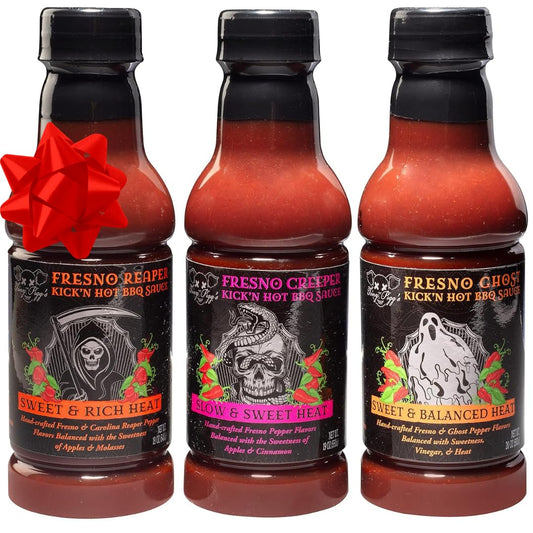 Tony Pigg's Kick'n Hot BBQ Sauce Variety Pack (3 pk, 19oz ea- Fresno Reaper, Ghost, Creeper)- Hand Crafted Barbecue Sauce w Fresh Pepper Heat -Great for Burgers, Ribs & Wings- Grilling Gift for Men