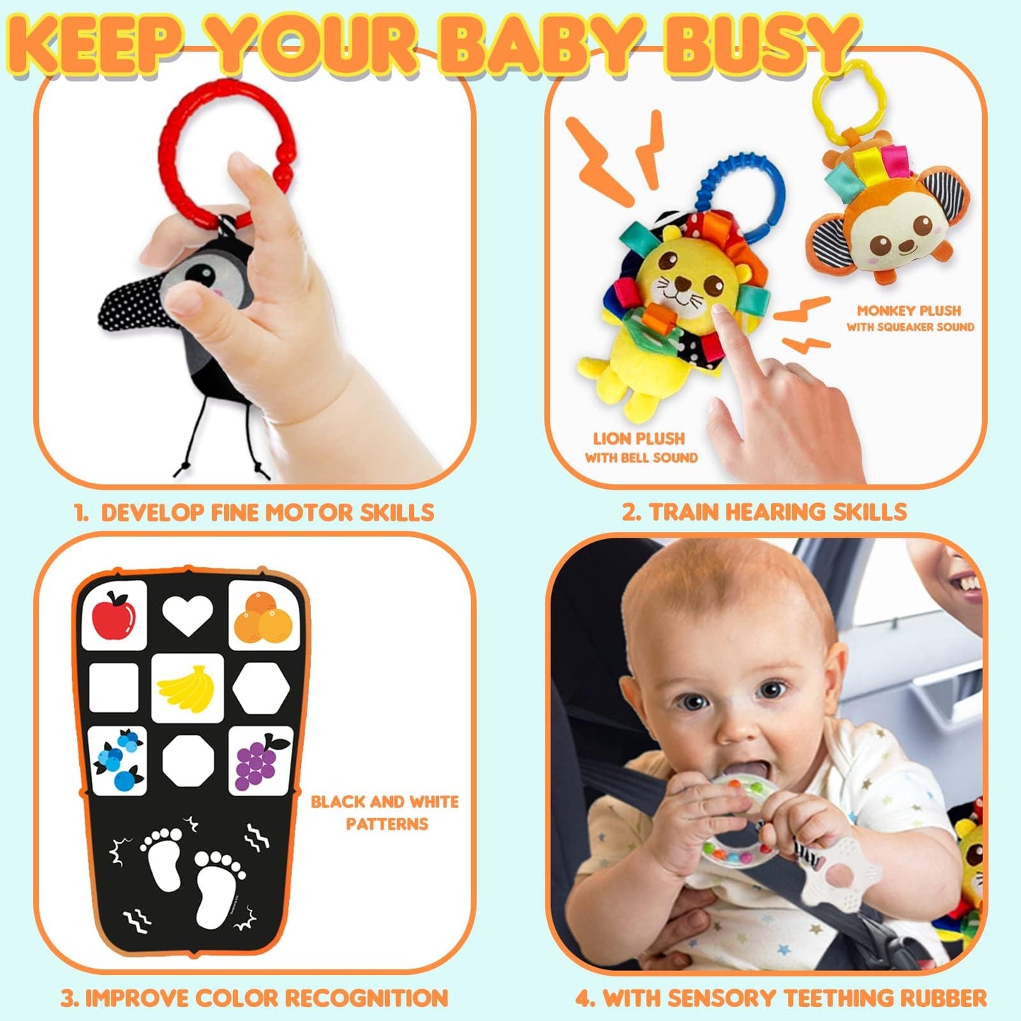 Innofans Baby Car Seat Animals Toys - Kick and Play Double Sided Infant Car Seat Toys with Plush Toys, Mirror, Teether for Baby, Babys Travel Activities, Christmas Birthday Gifts Newborn Infant Toys