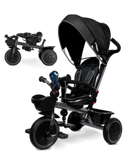 KRIDDO 7-in-1 Tricycle Stroller for Toddlers 18 Months to 5 Years, Adjustable Push Handle, Rotatable Seat, Cup Holder and Retractable Canopy, Folding Baby Trike w/Detachable Guardrail, Footrest, GY