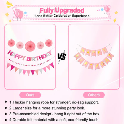 Danadia Pre-Strung Happy Birthday Banner, Reusable Felt Birthday Party Decorations, 3D Effect Happy Birthday Sign with Felt Ball Garland, Pennant Flag, Hanging Paper Fans for Men Women Boy Girls (Pink)
