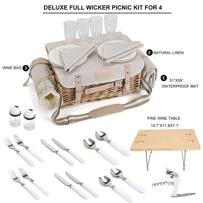 Multifunctional Wicker Picnic Basket Set for 4 with Blanket and Picnic Table, Insulated Picnic Set with Full Tablewares for Camping Outdoor Couples, Flowers