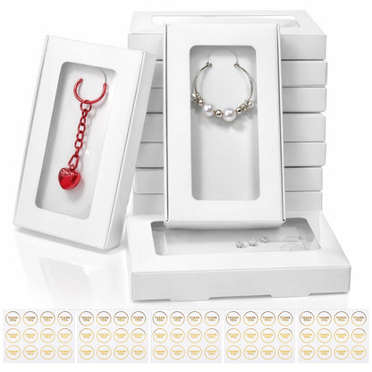 HANLANXUE 100 Pack Mini Jewelry Packaging Boxes with Clear Windows, 5.4"x3.4"x0.7" Paper Necklace Gift Box with Sticker Small Gift Boxes Bulk for Displaying Necklaces Rings Bracelets Earrings (White)