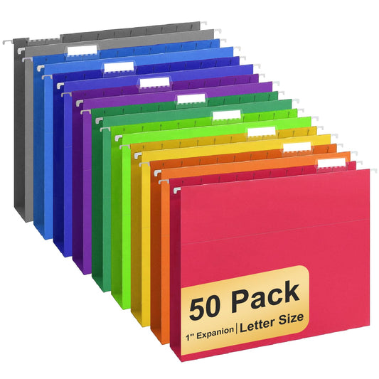Hanging File Folders, 50 Pack Letter Size Hanging File folders with 1/5-cut Tabs, Stay Organized for Your Home and Office Bulk File, Documents and Paper, 10 Colors