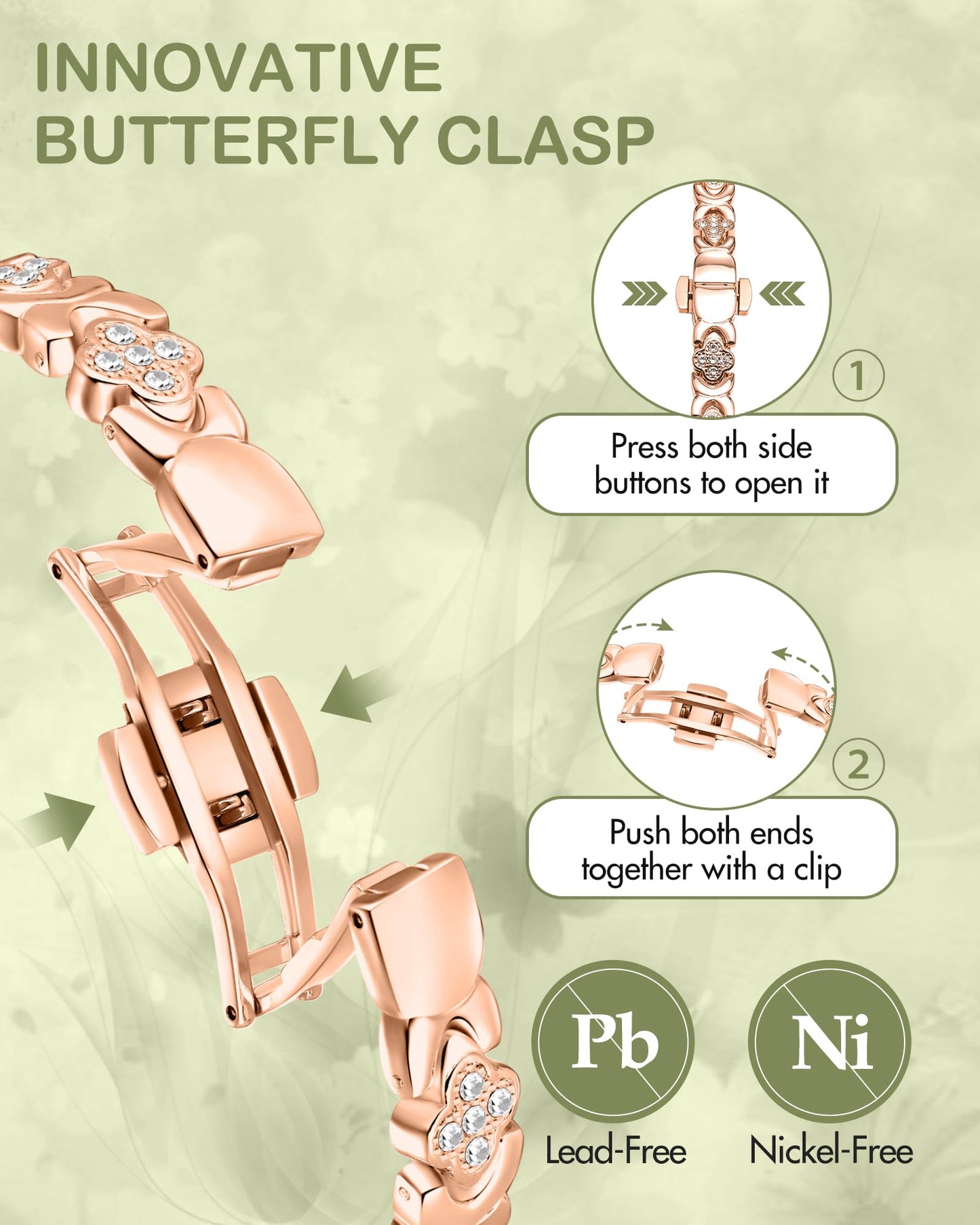 Feraco Pure Copper Bracelets for Women, 5X Ultra Strength Magnetic Bracelet with 5000 Gauss Magnets & Sparkling Cubic Zirconia, Upgraded Butterfly Clasp, Infinite Clover Jewelry Gift (Rose Gold)