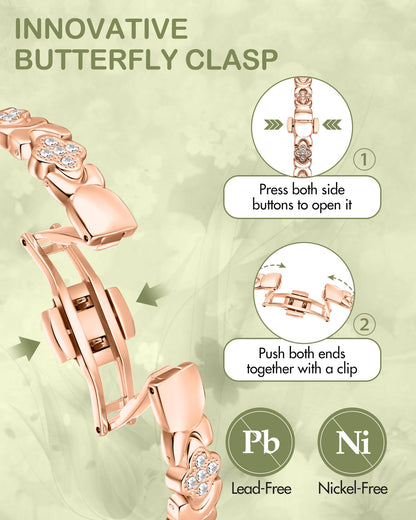 Feraco Pure Copper Bracelets for Women, 5X Ultra Strength Magnetic Bracelet with 5000 Gauss Magnets & Sparkling Cubic Zirconia, Upgraded Butterfly Clasp, Infinite Clover Jewelry Gift (Rose Gold)