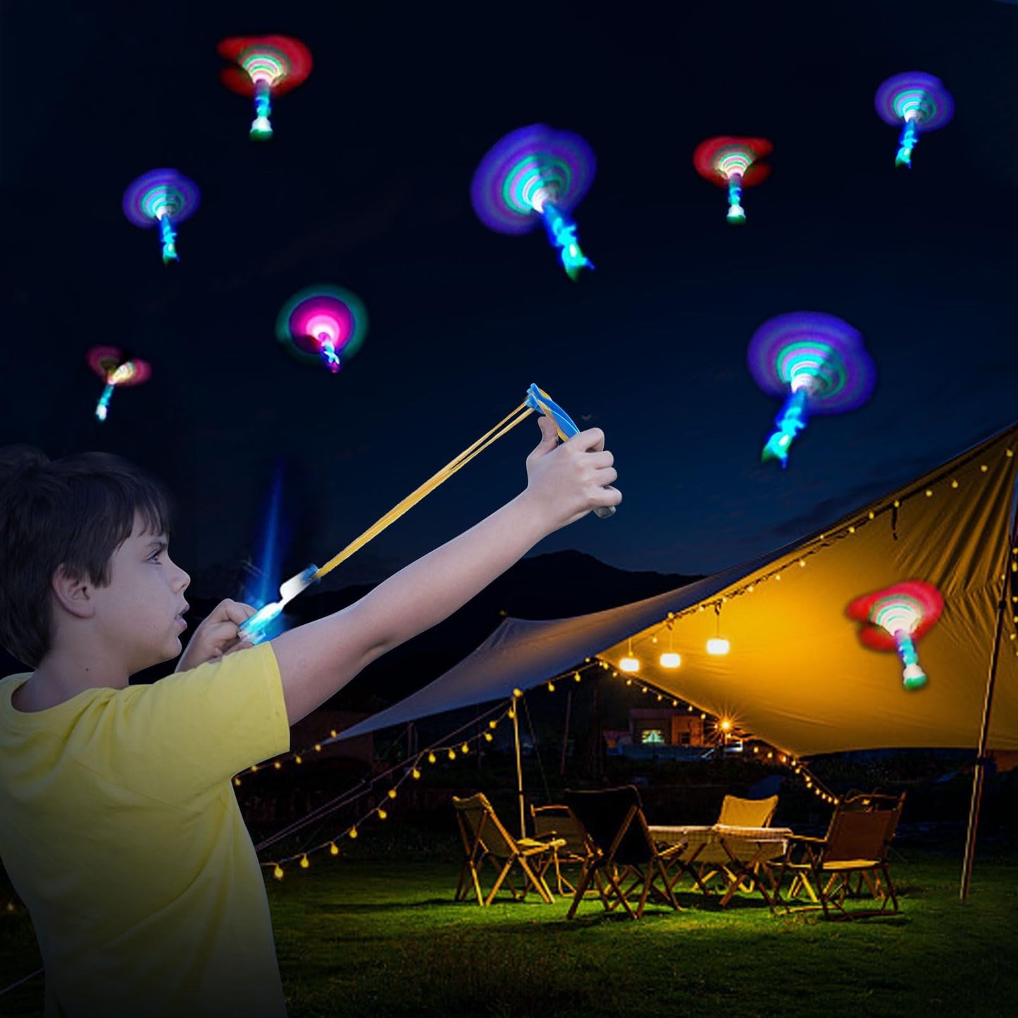 Bloolilies 72 Pcs LED Flying Toys Set, Glow in the Dark Party Supplies with 36Pcs Slingshots+36Pcs Glow Helicopters Rocket Launcher Light Up Outdoor Toys Birthday Gift Party Favors for Kids 4-8 8-12