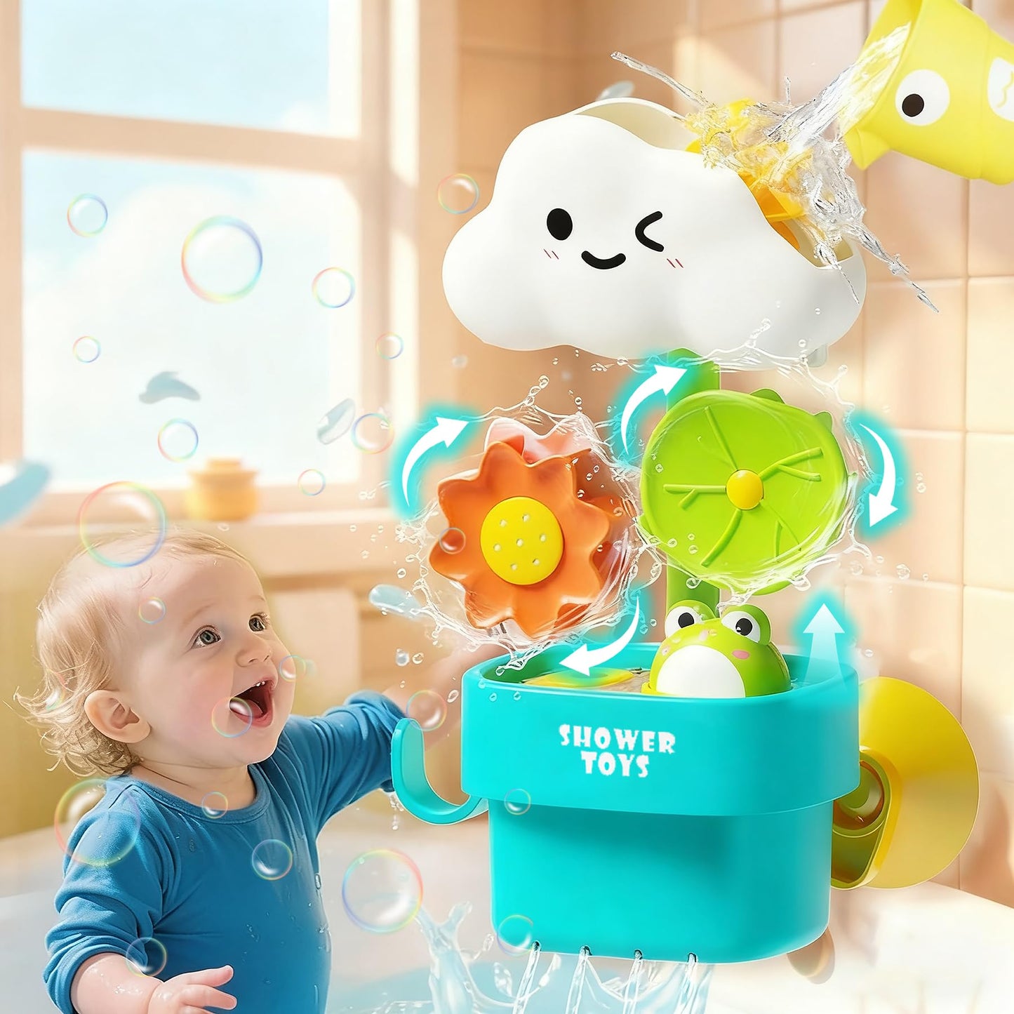 TXTLDB Bath Toys for Toddlers 1-3, Cloud Rain Watering Toy with Rising Frog & Spinning Lotus - Interactive Sensory Play for Bathtub, Educational Gift for Baby Boys Girls 18M+
