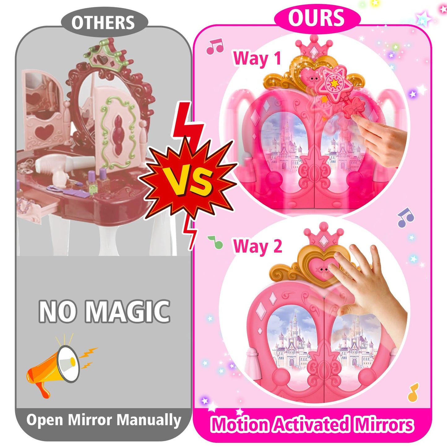 Toddler Vanity Magic Makeup Set Table & Chair Girl Toy Automatically Mirror with Music Light Pink Toys for 2 3 4 Year Old Girl Hair Salon Pretend Play Princess Dress Up Playset Valentine Gift Age 3-5