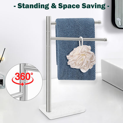 BathAce Hand Towel Holder, F-Shape Hand Towel Stand with Marble Base, Stainless Steel Swivel Hand Towel Rack Standing Towel Bar for Bathroom Kitchen Countertop, 2 Arms (Brushed Nickel)