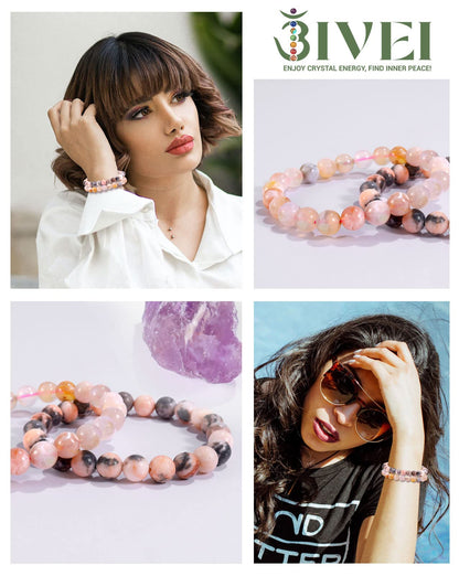 Bivei Natural Gemstone Semi Precious Crystals Handmade Stretchy Round Beads Bracelet, Enhance Positive Energy,Stocking Stuffers for Women(Pink Jasper & Sakura Agate (Positive Energy& Love) Large)