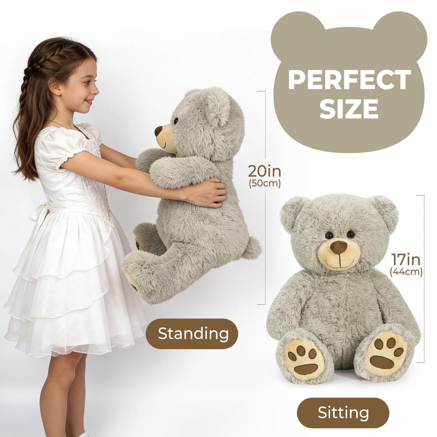 LotFancy Teddy Bear Stuffed Animals, 20 inch Soft Cuddly Cute Plushies, Plush Toys with Footprint Design, Stuffed Animals for Girls Kids Baby Toddlers, Baby Shower Easter Birthday Gift Decor, Grey