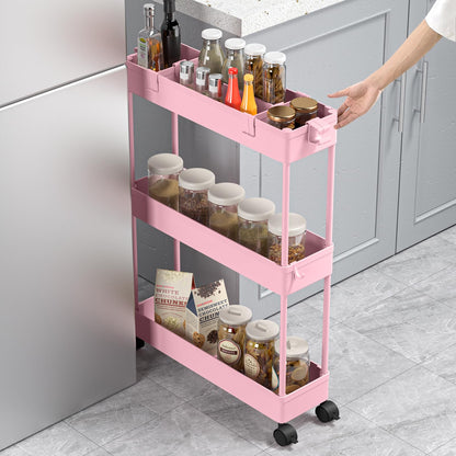 SPACELEAD Slim Storage Cart 3 Tier,Bathroom Organizer Rolling Utility,Mobile Shelving Unit Slide Out for Office, Kitchen, Laundry Room & Narrow Places,Pink