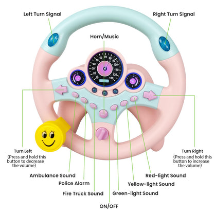 YIYZAOF Kids Steering Wheel Toy for Car Backseat with Light and Music,Suction Cups Base-Interactive Simulated Driving Steering Wheel Toy for Toddlers Boys Girls,Pink