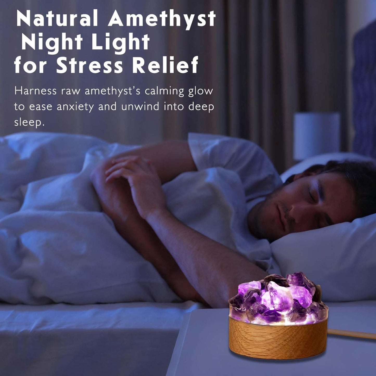 Runyangshi Amethyst Night Light with Natural Raw Crystal - USB Powered Mini Lamp for Bedroom, Desk, Meditation, Healing Crystal Decor with Wood Base, Gift Idea