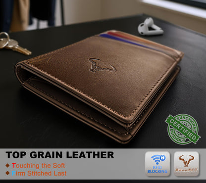 BULLIANT Men Wallet,Top Grain Leather Slim Wallet Magnetic Closure Simplifed Bill Folder RFID Blocking 11Cards