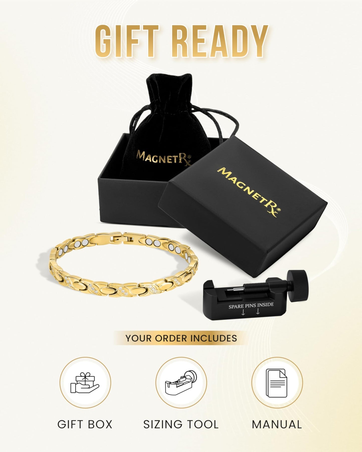 MagnetRX® Ultra Strength Magnetic Bracelets for Women – Double Magnet Stainless Steel Crystal Bracelet for Women – Adjustable Bracelet Length with Sizing Tool (Gold XO)