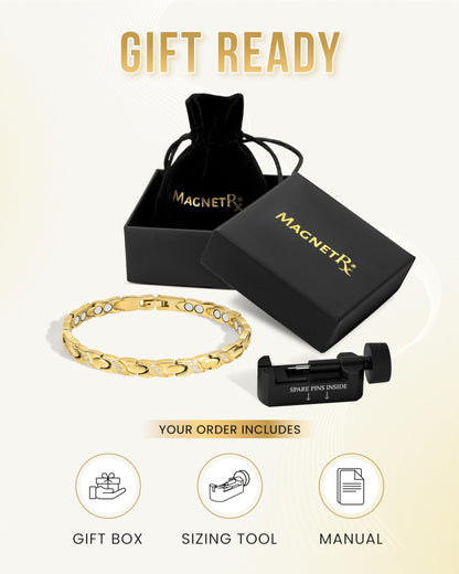 MagnetRX® Ultra Strength Magnetic Bracelets for Women – Double Magnet Stainless Steel Crystal Bracelet for Women – Adjustable Bracelet Length with Sizing Tool (Gold XO)
