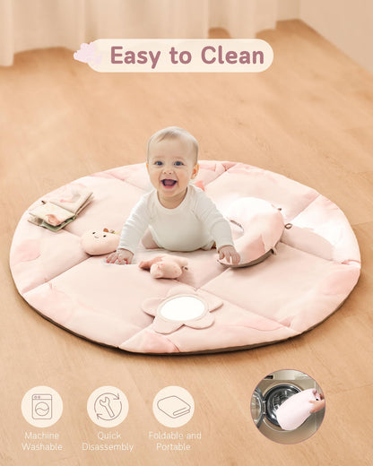 Fortella Baby Play Gym & Activity Mat, Machine Washable & Foldable Tummy Time Mat with 5 Detachable Toys, Certified Safe Newborn Essentials Gift for Baby Registry 0-12 Months (Rose Pink)
