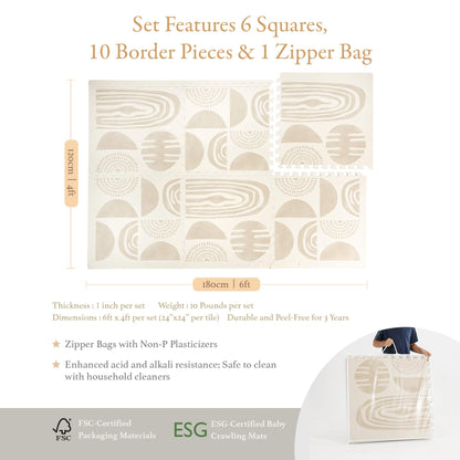 PopsyKosy Premium Baby Floor Play Mat - Extra Thick & Cushioned 1 inch Playroom Foam Mat, Non-Toxic Odorless - 6 Tiles - Spacious 6x4 ft. - Stylish & Large, Waterproof for Kids & Toddlers- Desert Sand