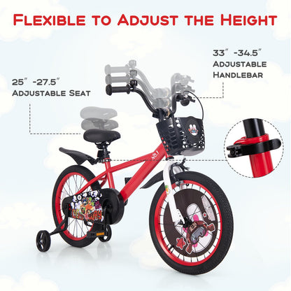 BABY JOY Kids Bike, 18 Inches Child Bike for 4-8 Years Old with Adjustable Height, Training Wheels, Storage Basket, Handbrake & Coaster Brake, Kids Bicycle for Girls Boys (Rabbit Pilot, Red)