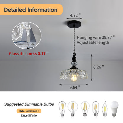 CVKASH Vintage Glass Pendant Light Fixture Black Modern Adjustable Chandelier Hanging Light for Farmhouse Dining Room Kitchen Bedroom Hallway Island