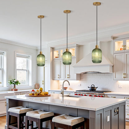2 Pack Pendant Lights with Vintage Green Ribbed Glass Lampshade, Adjustable Brushed Gold Pendant Lights Fixtures for Kitchen Island Lighting Sink, Dining & Living Room Hallway (Bulbs Not Included)