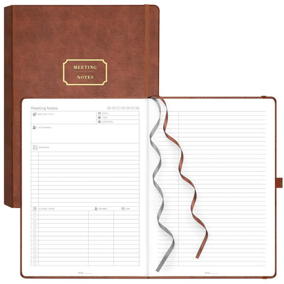 EMSHOI Meeting Notebook for Work with Sticky Tabs - 240 Pages, A4 Size Project Planner, PU Leather Meeting Agenda/Minutes Organizer for Women Men, Note Taking, Office & Business, 8.3"x11.7", Coffee